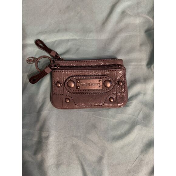 Juicy Couture 100% Leather Coin Purse Wallet Keychain Change Pouch Patent Gray - Picture 1 of 7